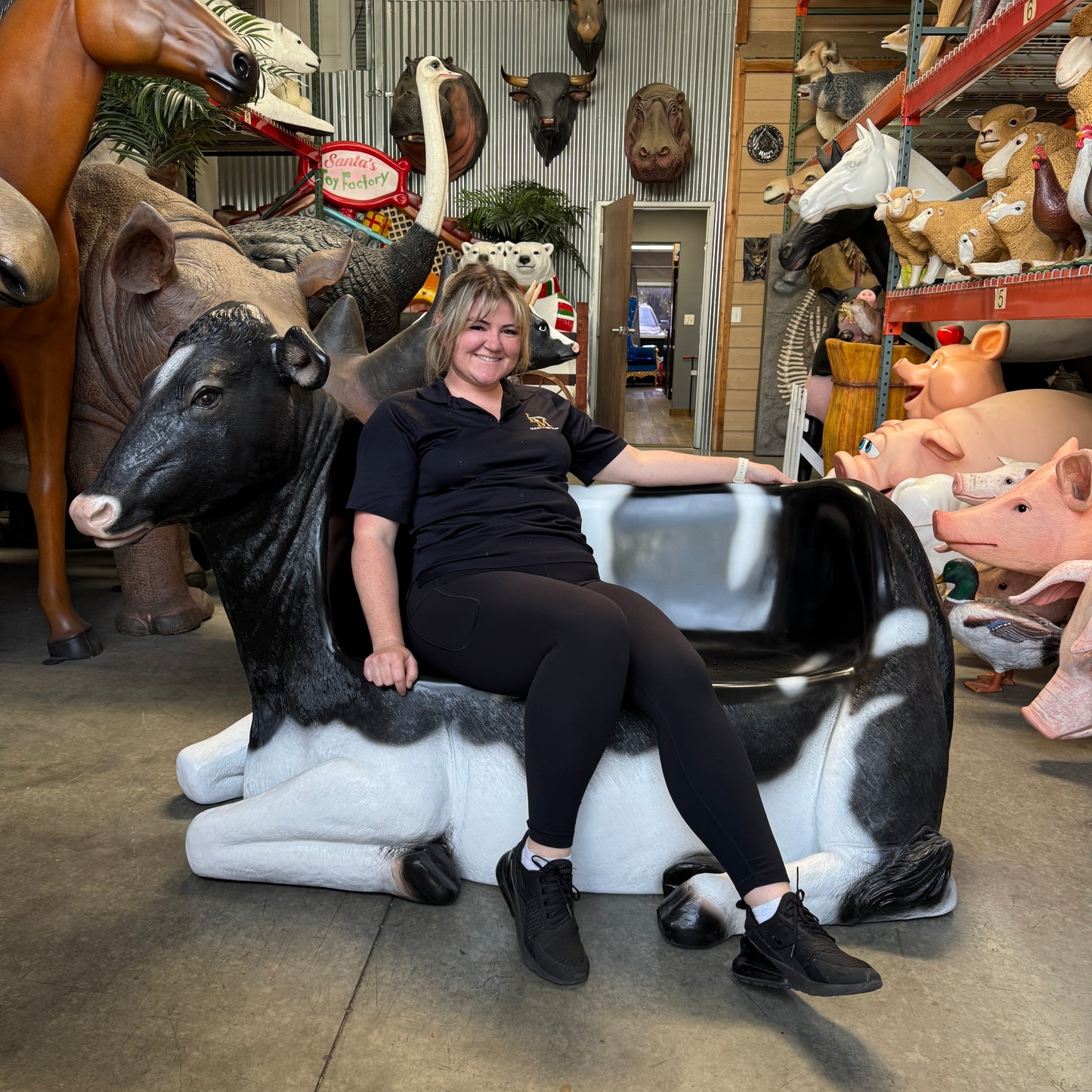Holstein Cow Bench Life Size Statue
