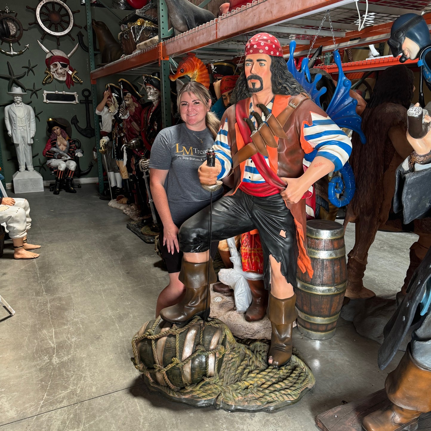 Pirate on Wine Barrel Life Size Statue