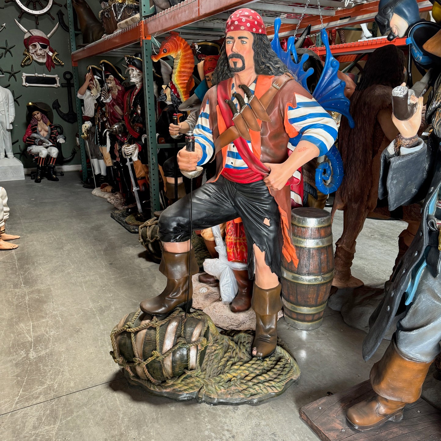 Pirate on Wine Barrel Life Size Statue