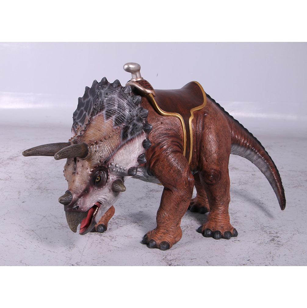 Small Brown Triceratops Dinosaur With Saddle Statue
