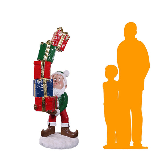 Elf With Stack Of Gifts Statue