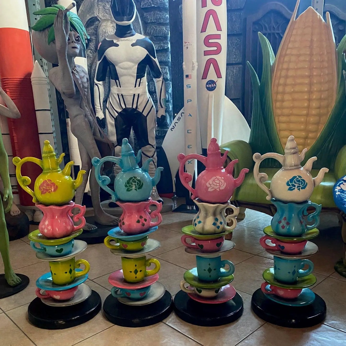 Small Stacked Blue Teapot Statue R0396B-3649-A