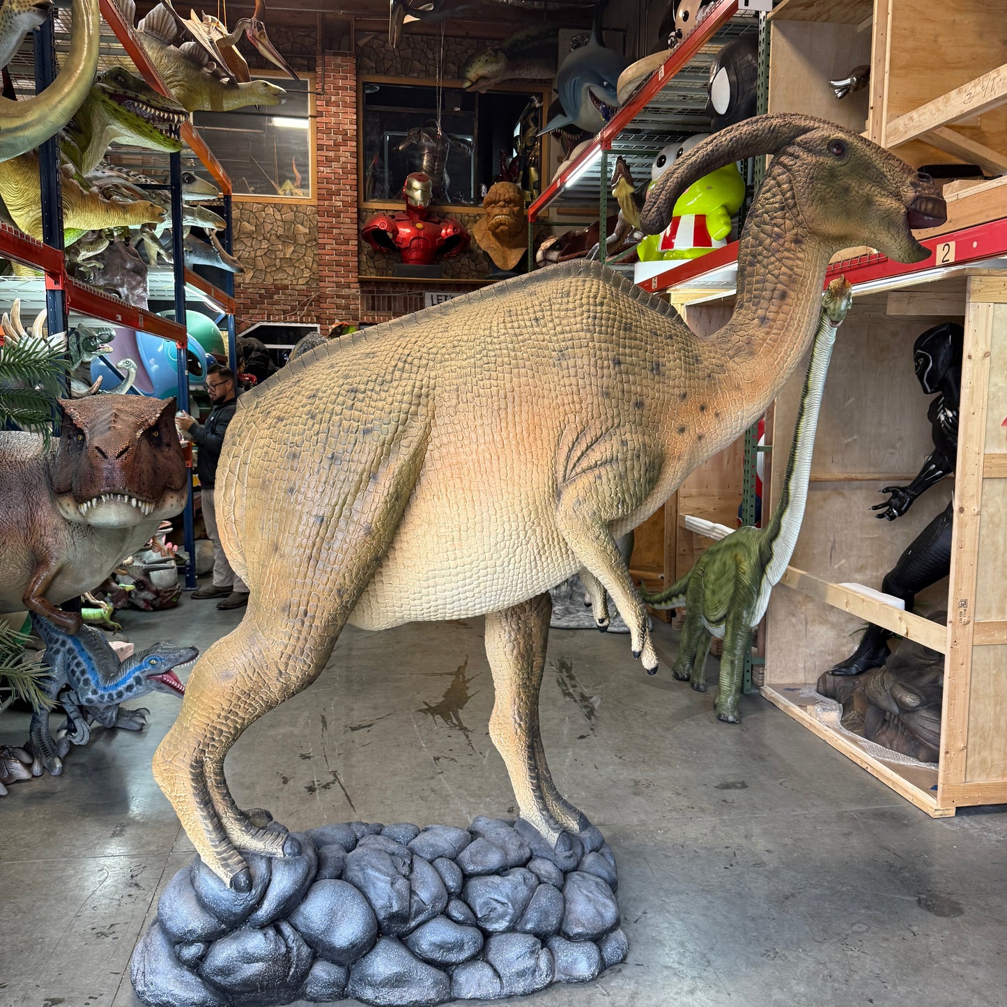 Green Parasaurolophus Dinosaur Life Size Statue