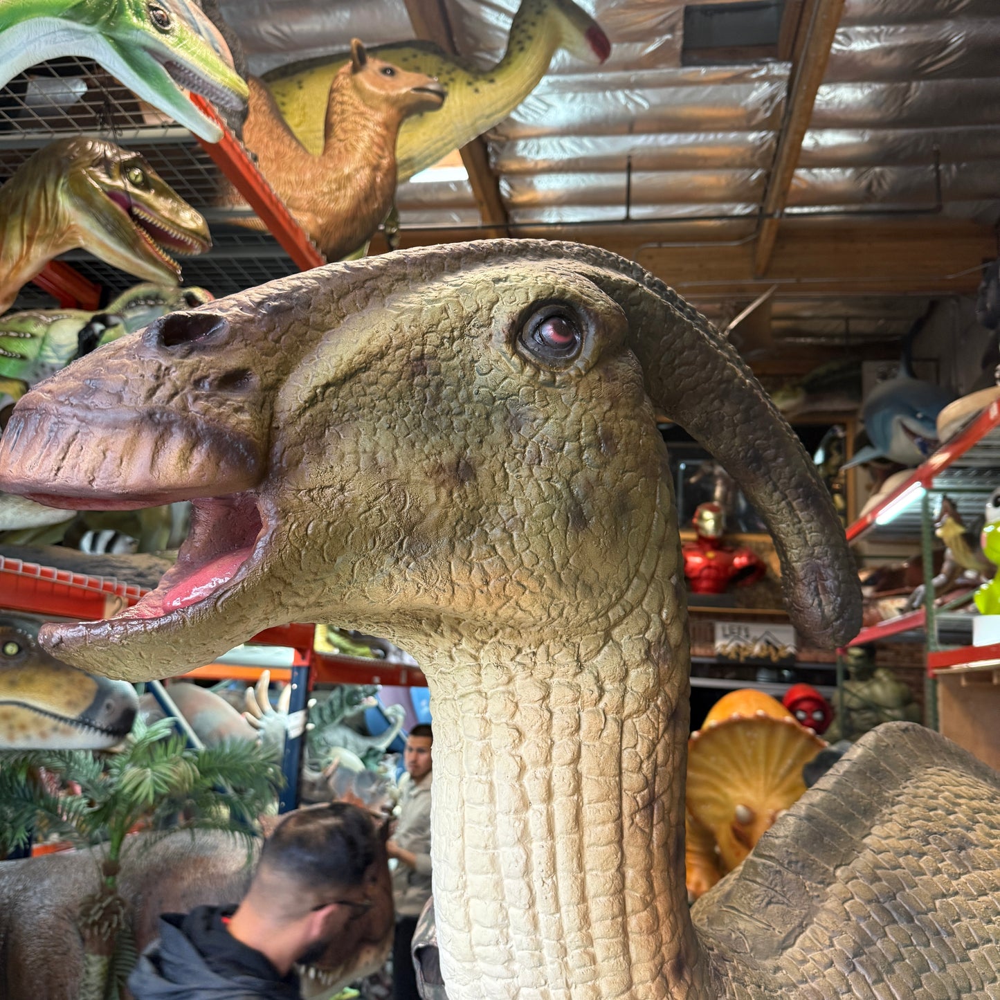 Green Parasaurolophus Dinosaur Life Size Statue