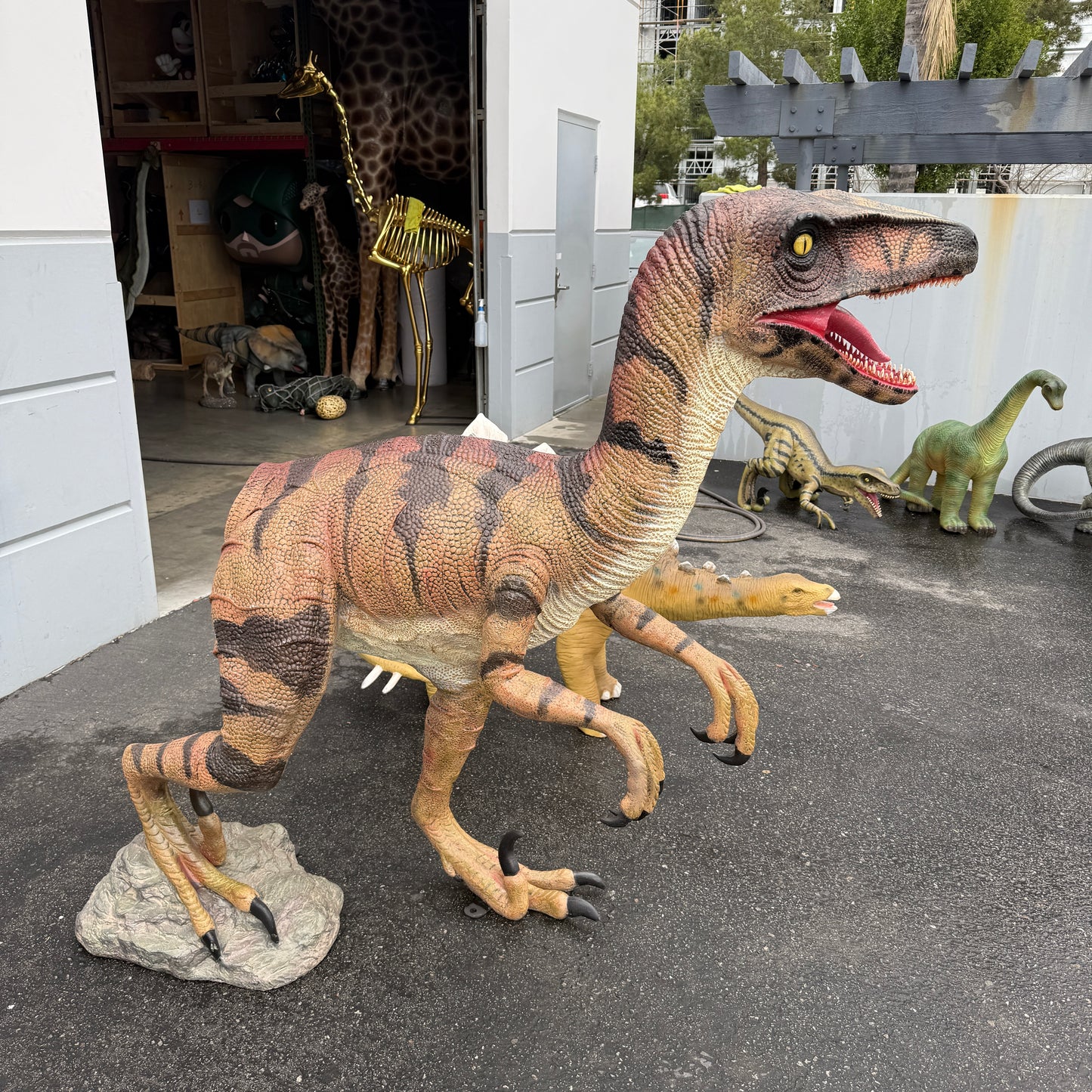 Brown Velociraptor Dinosaur Life Size Statue