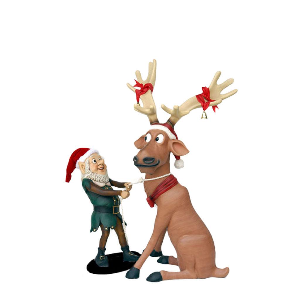 Elf Pulling Funny Reindeer Statue