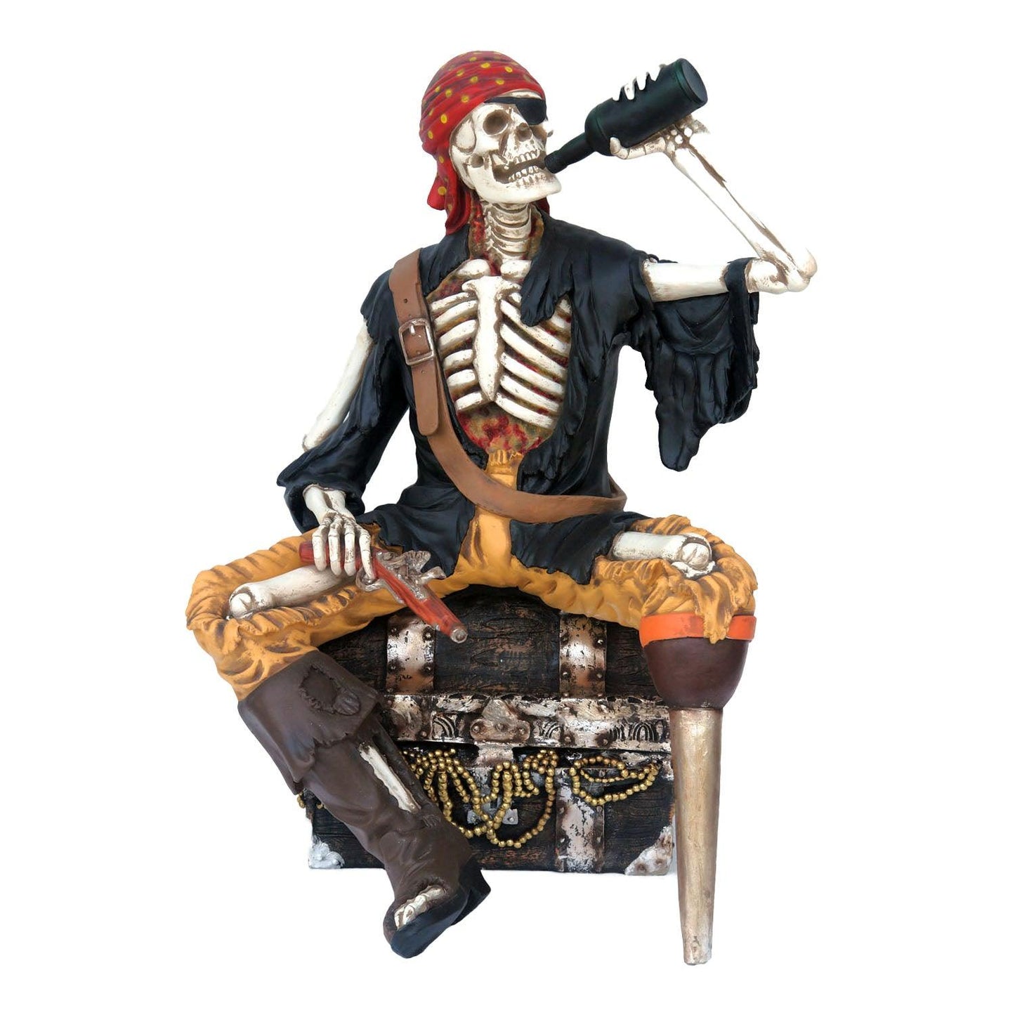 Skeleton Pirate on Treasure Drinking Life Size Statue - LM Treasures Prop Rentals