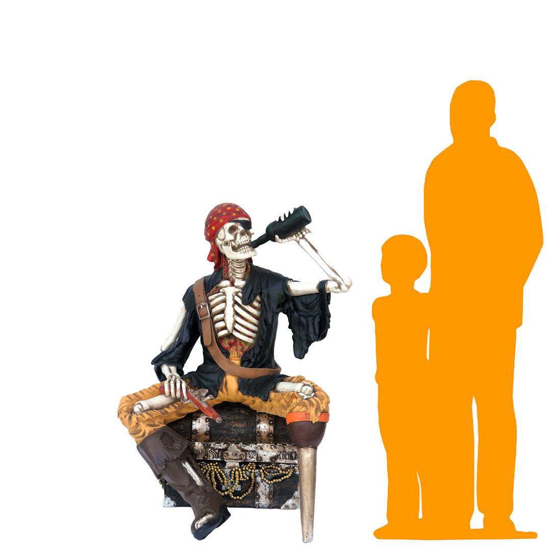 Skeleton Pirate on Treasure Drinking Life Size Statue