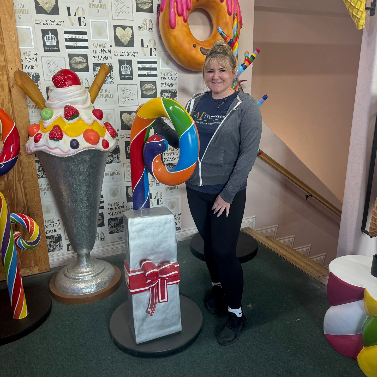 Swirl Rainbow Candy Cane With Gift Statue