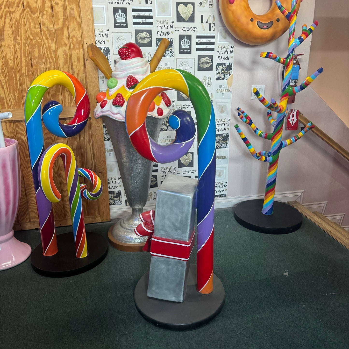 Swirl Rainbow Candy Cane With Gift Statue