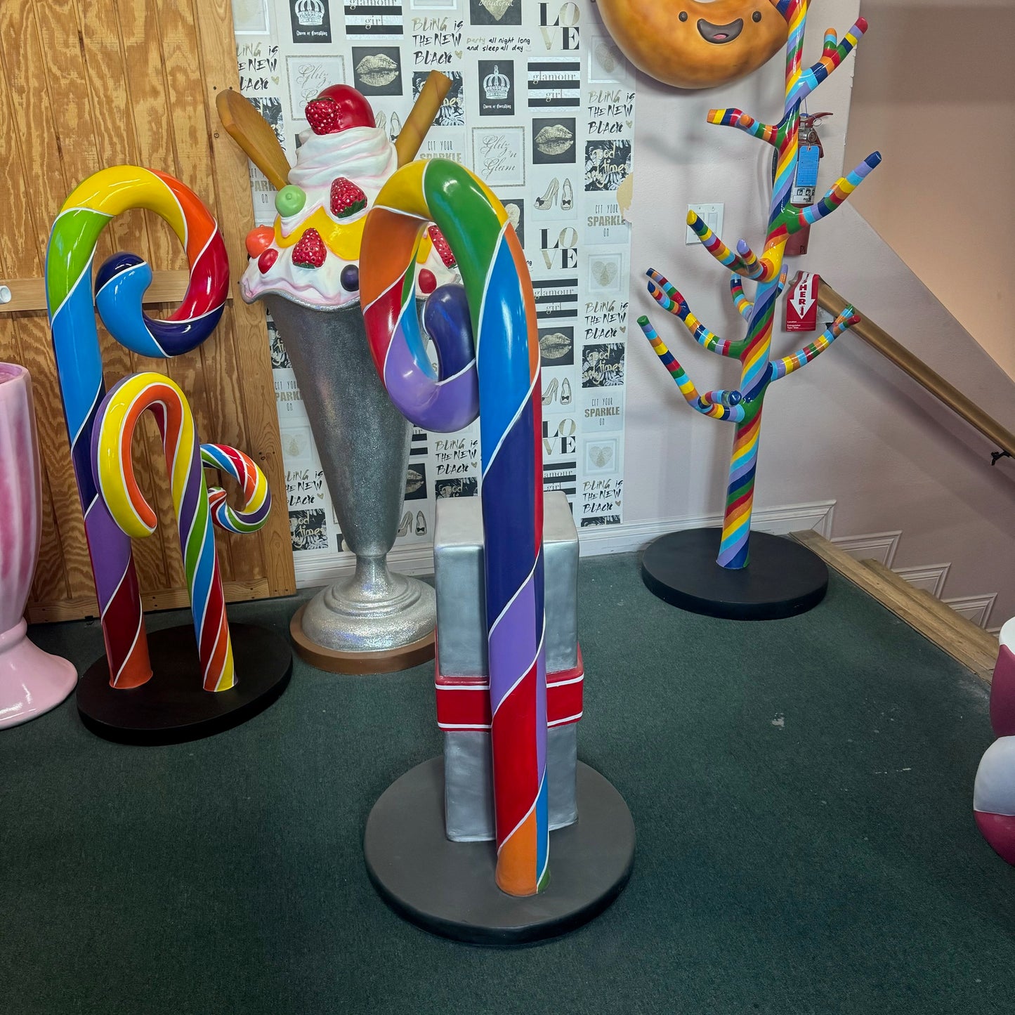 Swirl Rainbow Candy Cane With Gift Statue