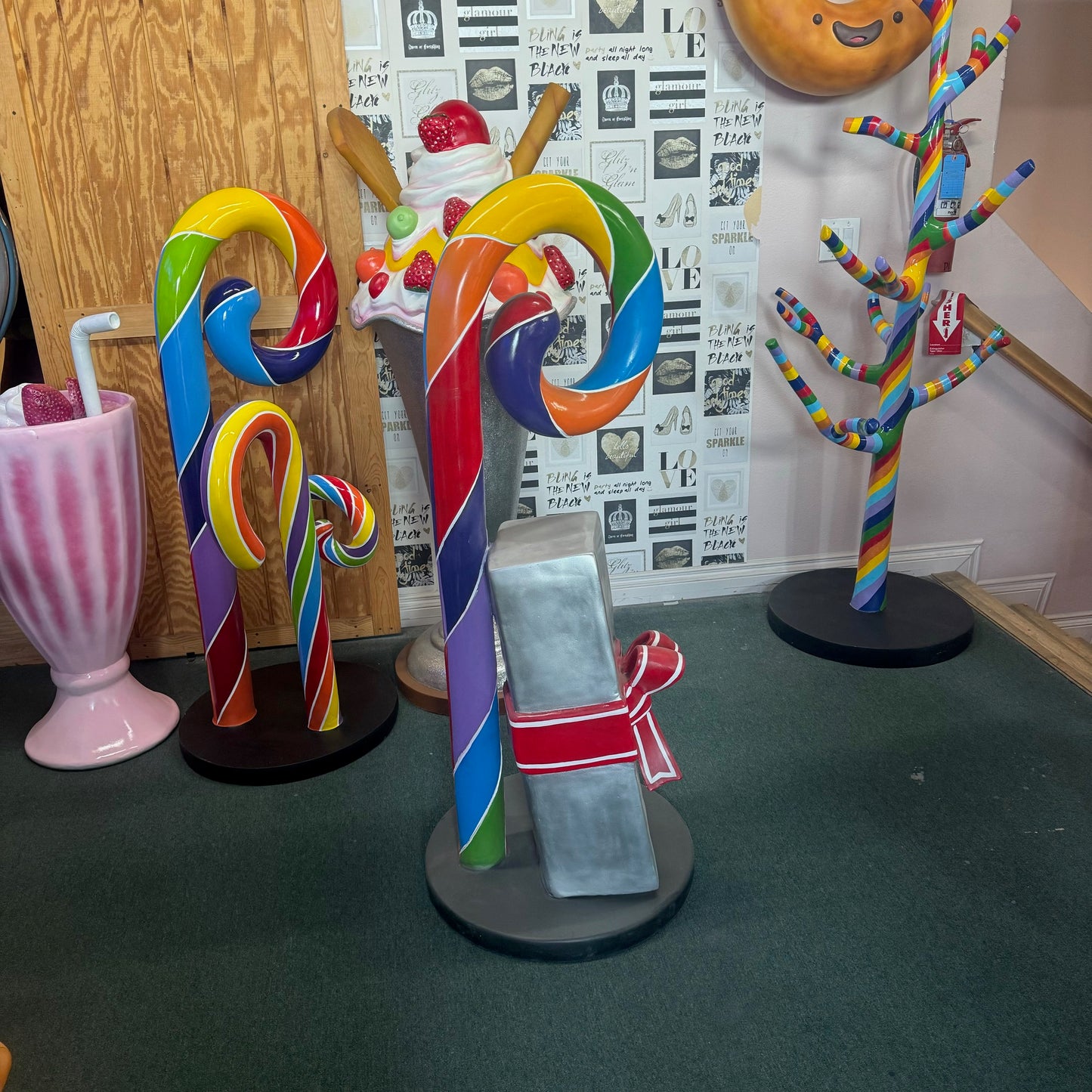 Swirl Rainbow Candy Cane With Gift Statue