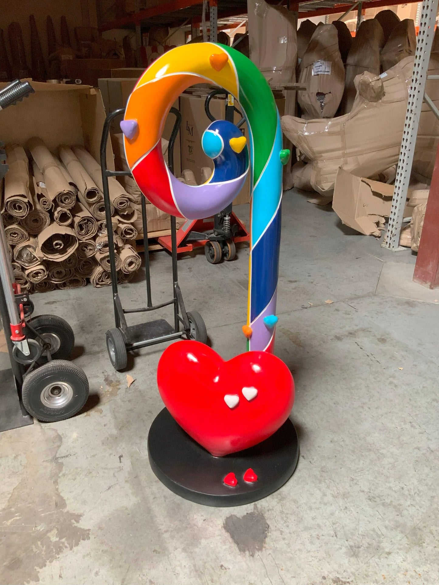 Swirl Rainbow Candy Cane With Heart Statue