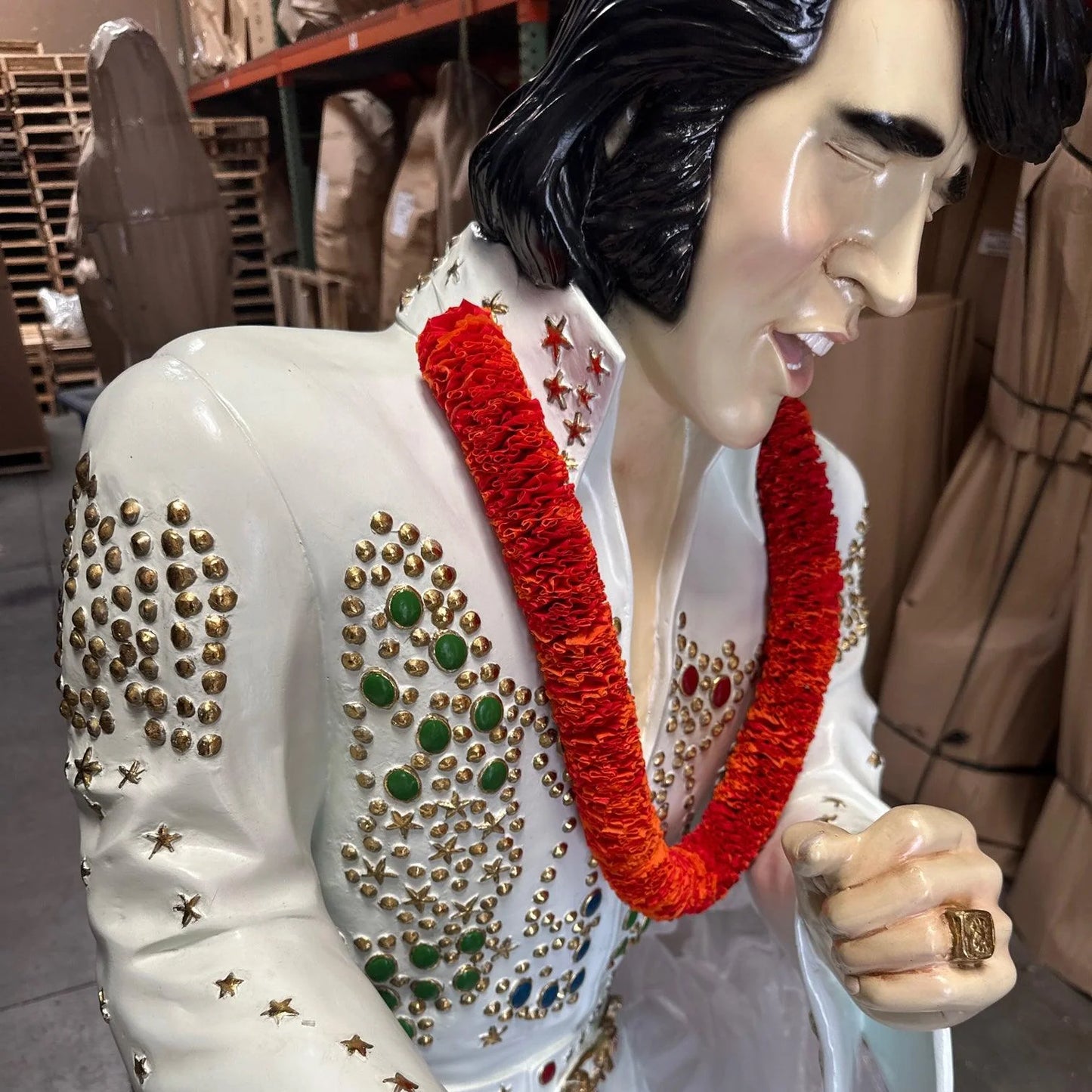 Singer Elvis In White Standing Life Size Statue