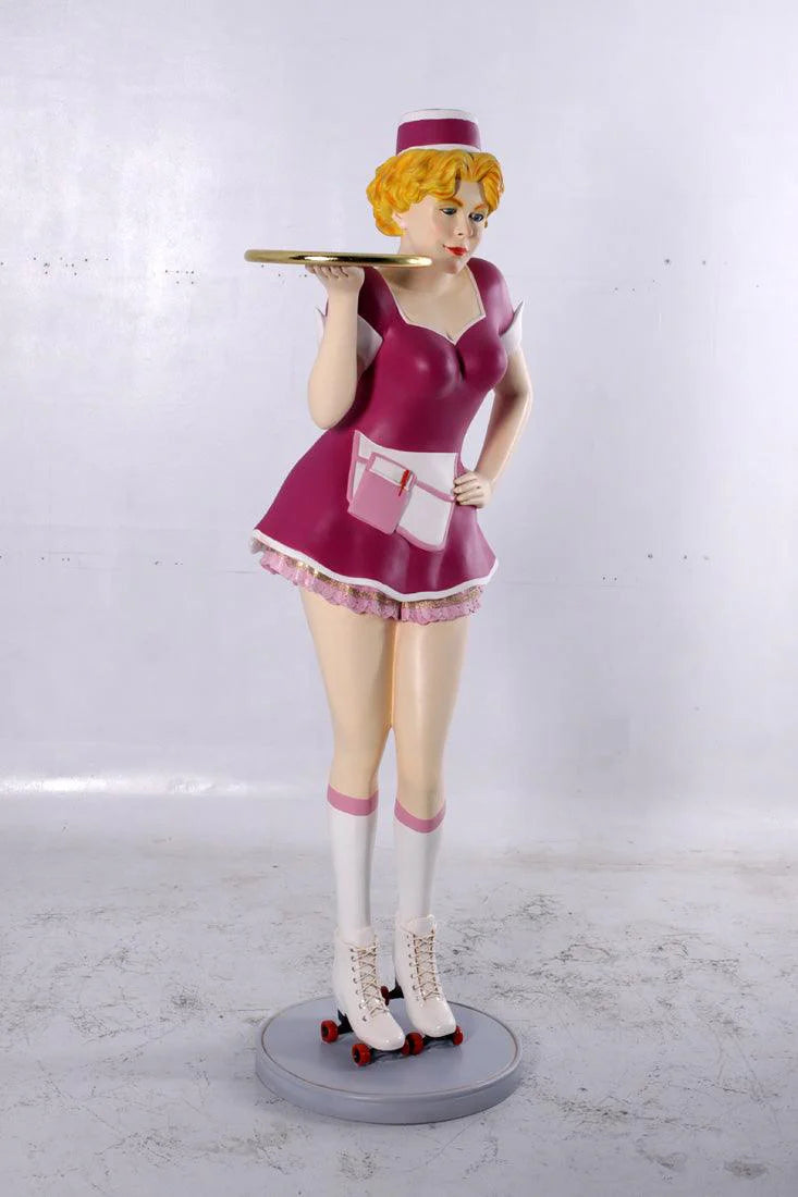 Roller Skater Waitress In Pink Life Size Statue