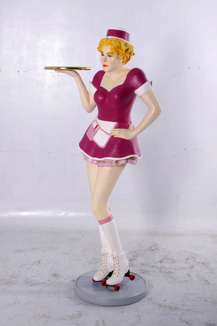 Roller Skater Waitress In Pink Life Size Statue