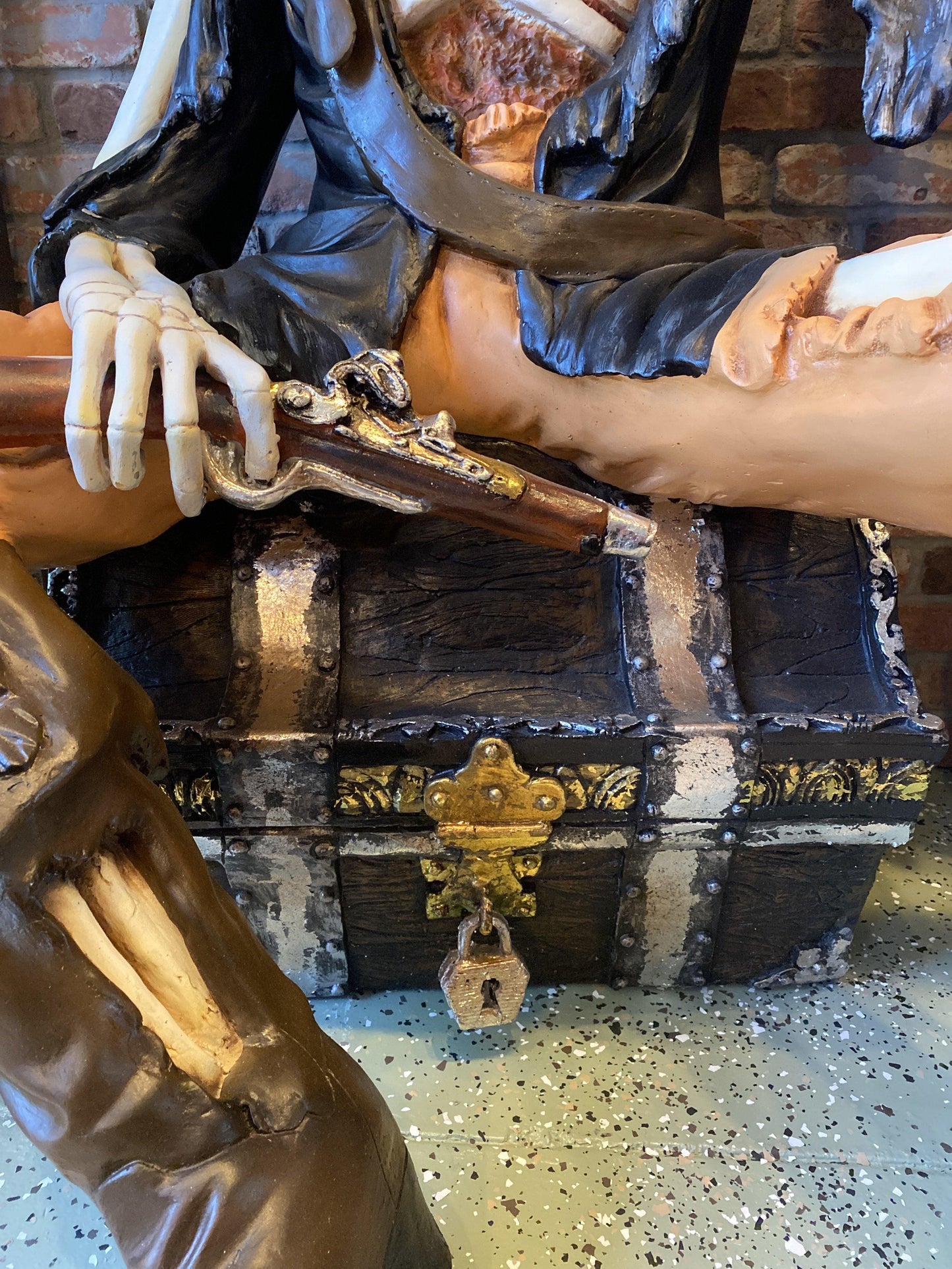 Skeleton Pirate on Treasure Drinking Life Size Statue