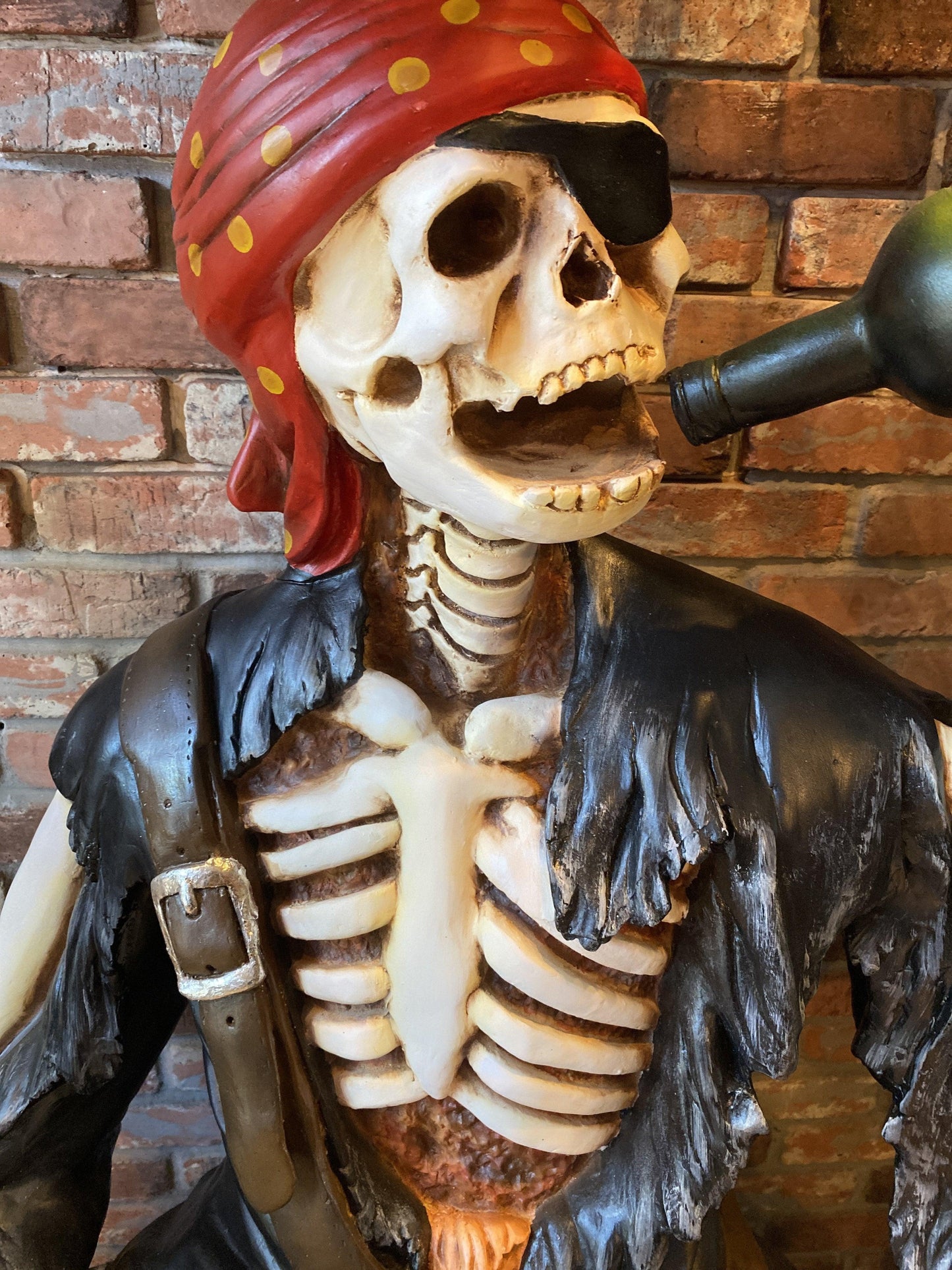 Skeleton Pirate on Treasure Drinking Life Size Statue