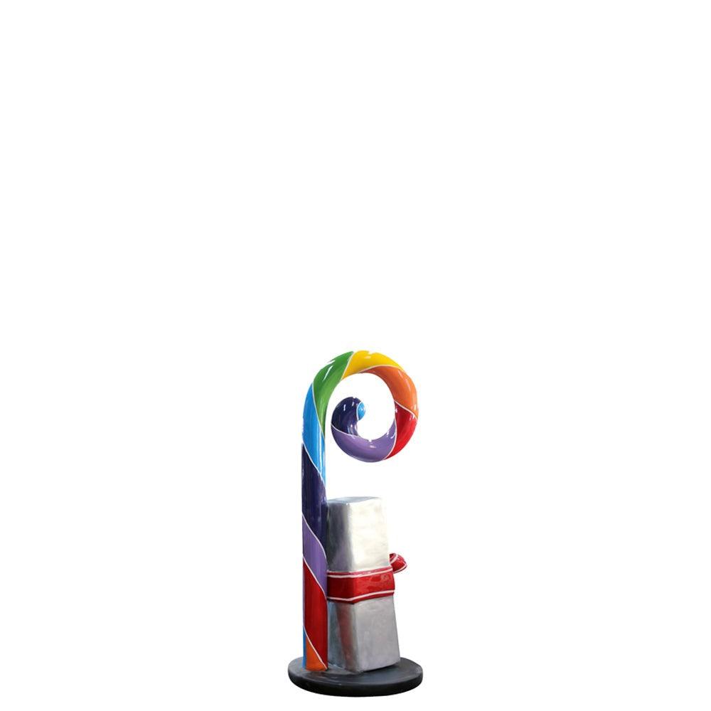 Swirl Rainbow Candy Cane With Gift Statue - LM Treasures Prop Rentals