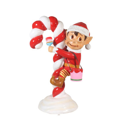 Red Santa Elf On Candy Cane Statue