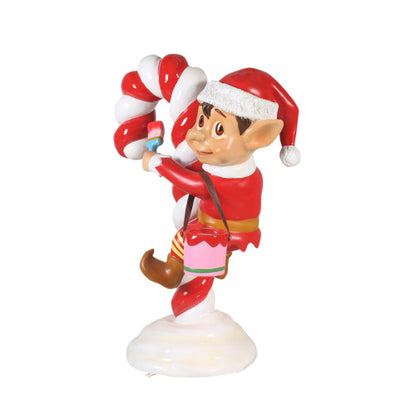 Red Santa Elf On Candy Cane Statue