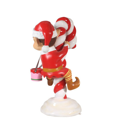 Red Santa Elf On Candy Cane Statue