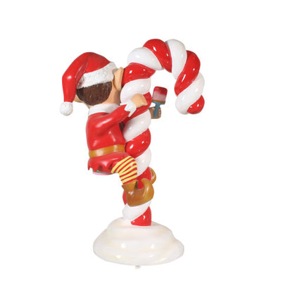 Red Santa Elf On Candy Cane Statue