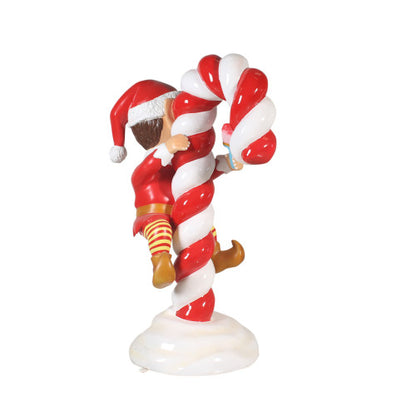 Red Santa Elf On Candy Cane Statue