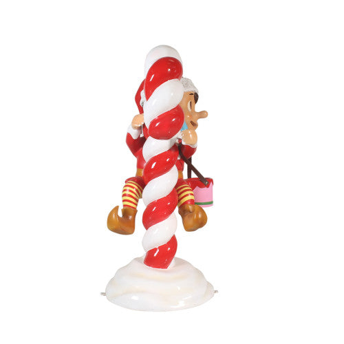 Red Santa Elf On Candy Cane Statue