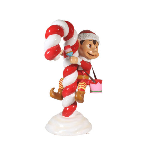 Red Santa Elf On Candy Cane Statue