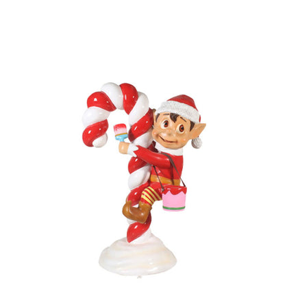 Red Santa Elf On Candy Cane Statue