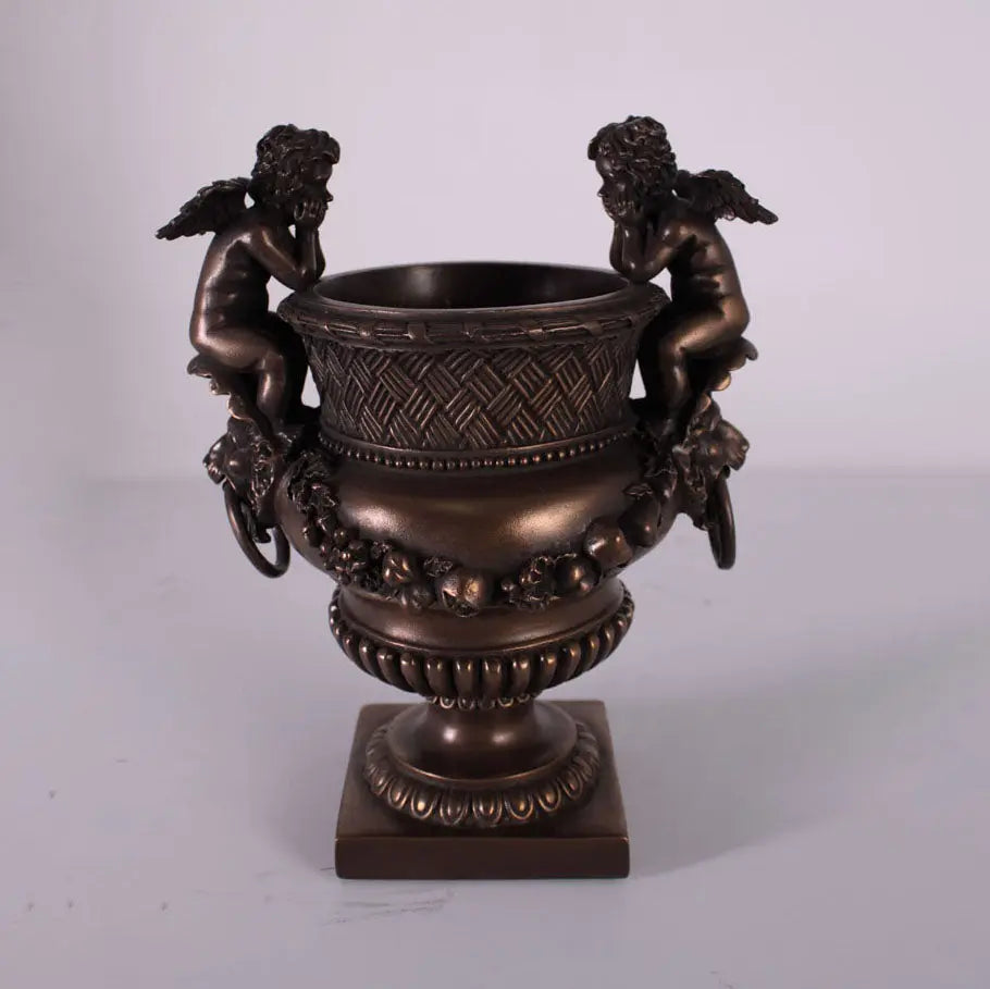 Small Bronze Angels and Lion Urn Statue M0284B-050301-H