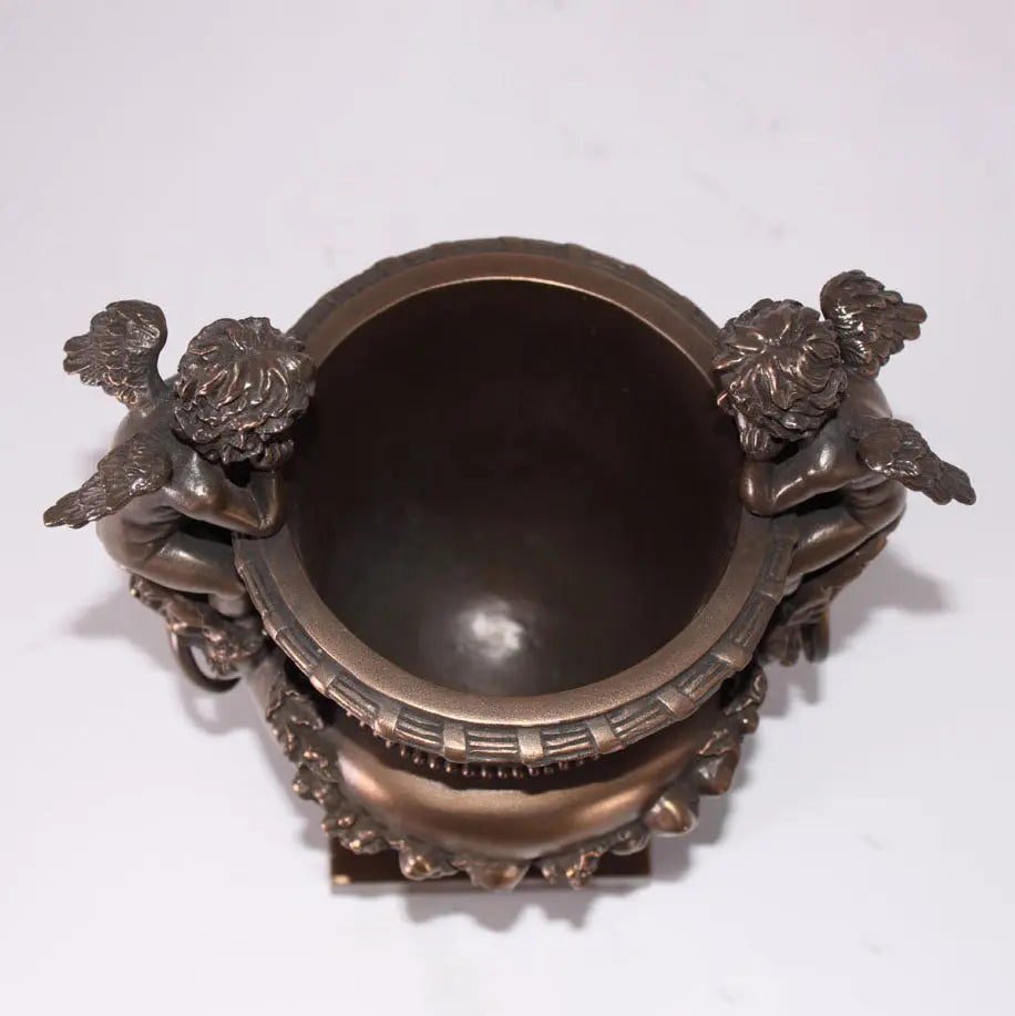 Small Bronze Angels and Lion Urn Statue M0284B-050301-H
