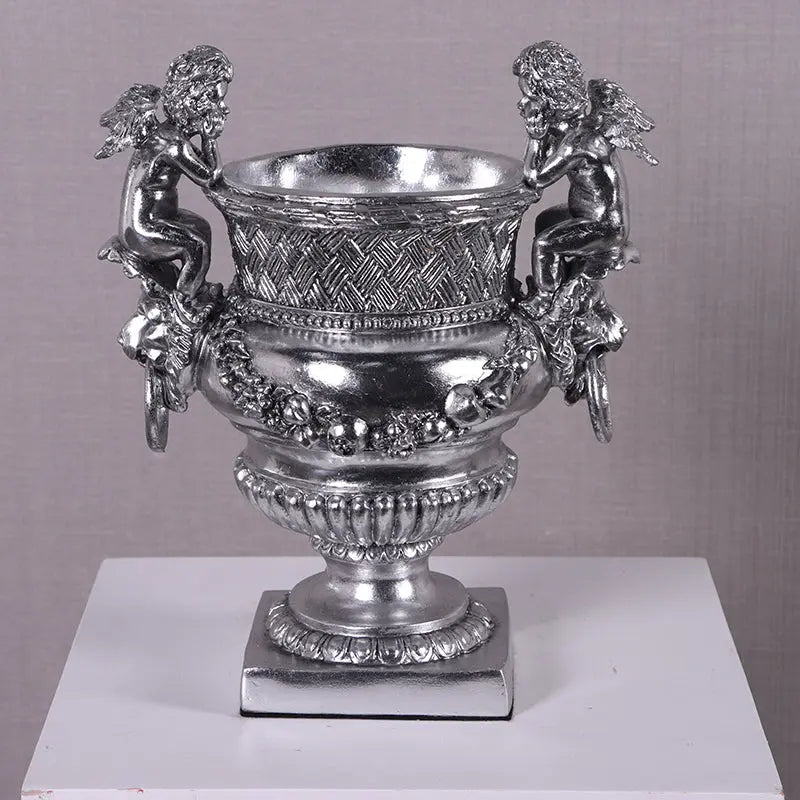 Small Silver Angels and Lion Urn Statue M0284S-050301-H