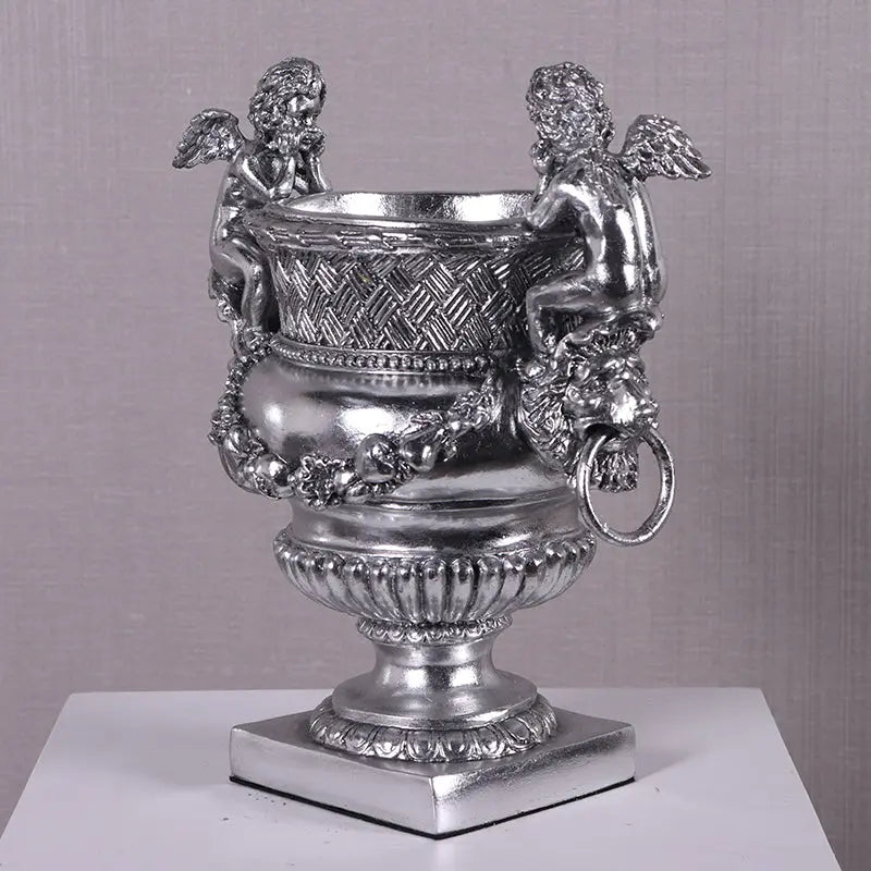 Small Silver Angels and Lion Urn Statue M0284S-050301-H
