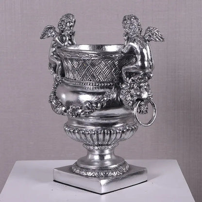 Small Silver Angels and Lion Urn Statue M0284S-050301-H