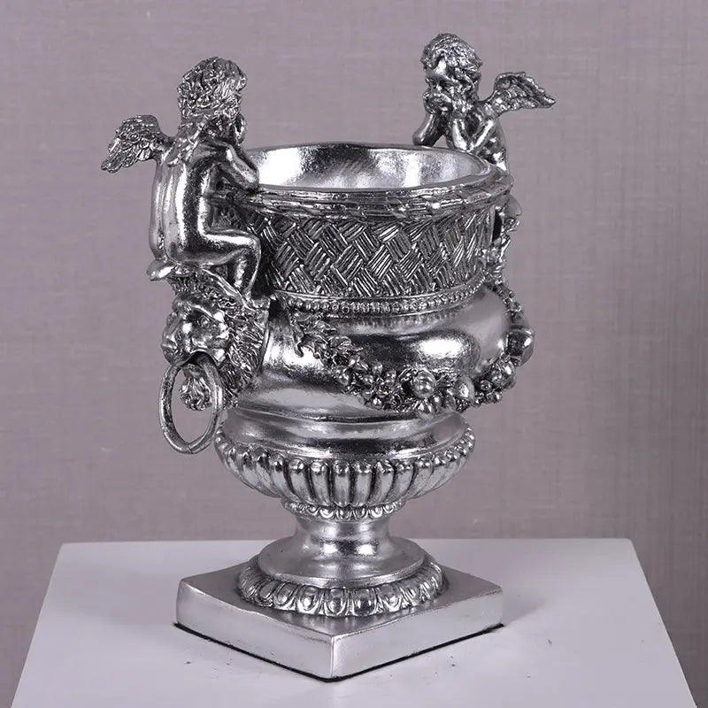 Small Silver Angels and Lion Urn Statue M0284S-050301-H