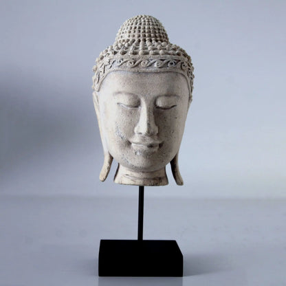 Ancient Stone Buddha Head on Stand Statue M0285RS-090043-H