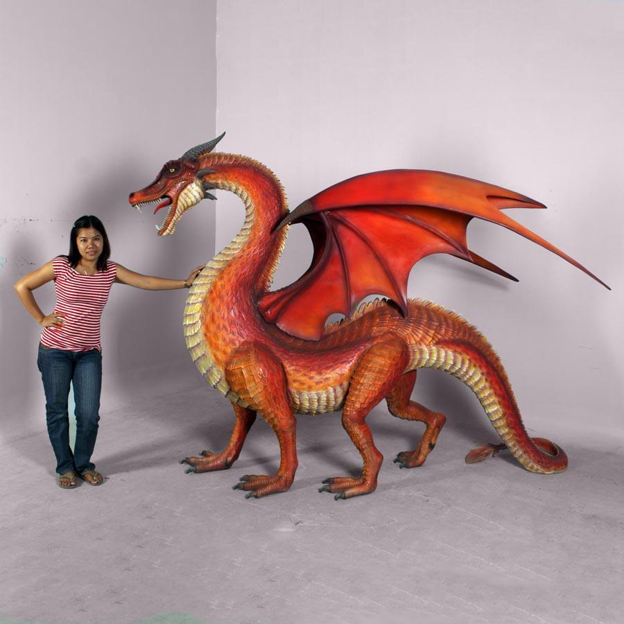 Large Red Dragon Standing Statue