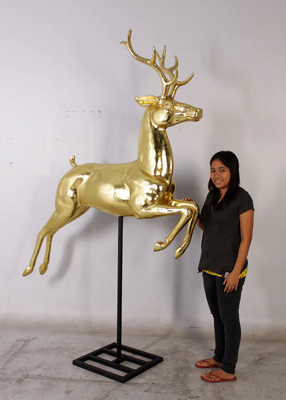 Flying Gold Reindeer On Base Statue