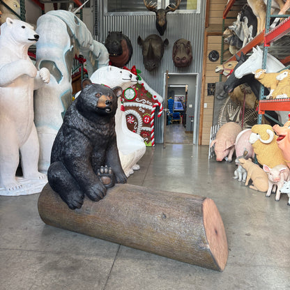 Black Bear on Tree Trunk Statue