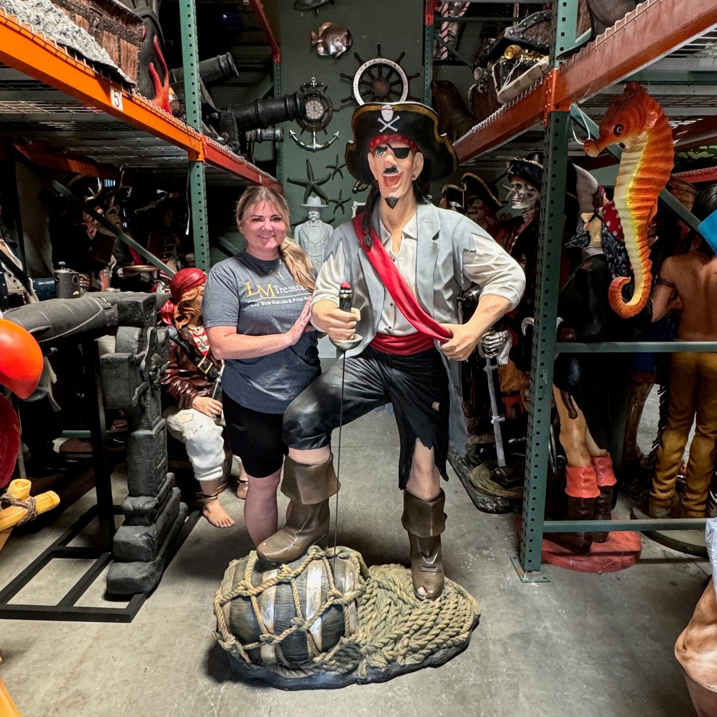 Funny Pirate Standing On Barrel Life Size Statue