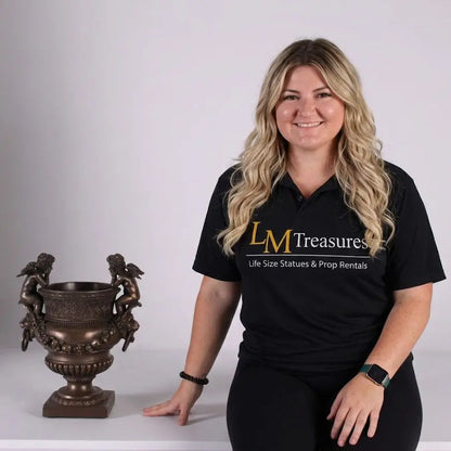 Small Bronze Angels and Lion Urn Statue M0284B-050301-H