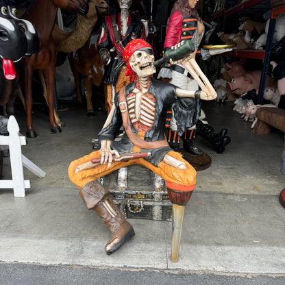 Skeleton Pirate on Treasure Drinking Life Size Statue