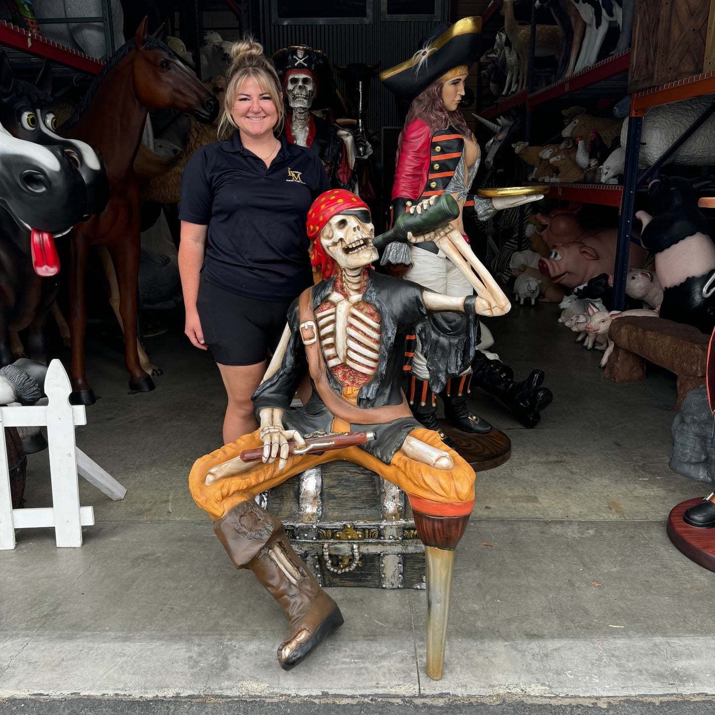 Skeleton Pirate on Treasure Drinking Life Size Statue