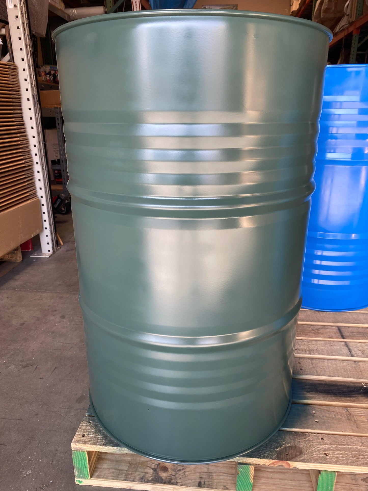 Green Metal Barrel - LM Treasures Prop Rentals 