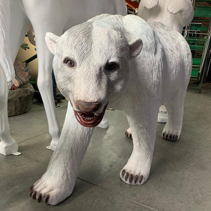 Polar Bear Walking Mouth Open Life Size Statue