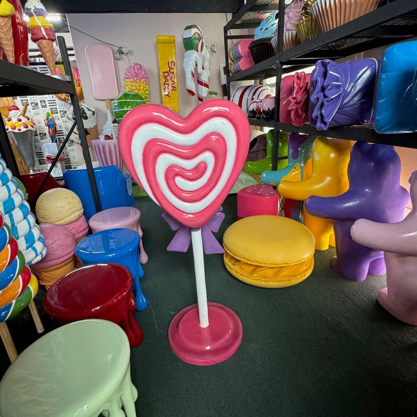 Pink Heart Lollipop Statue With Bow