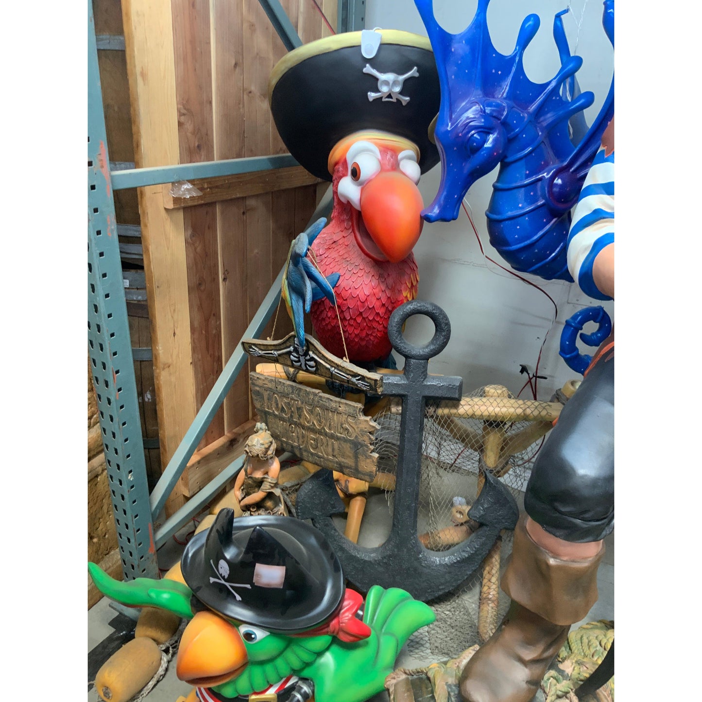 Comic Pirate Parrot Statue On Stand
