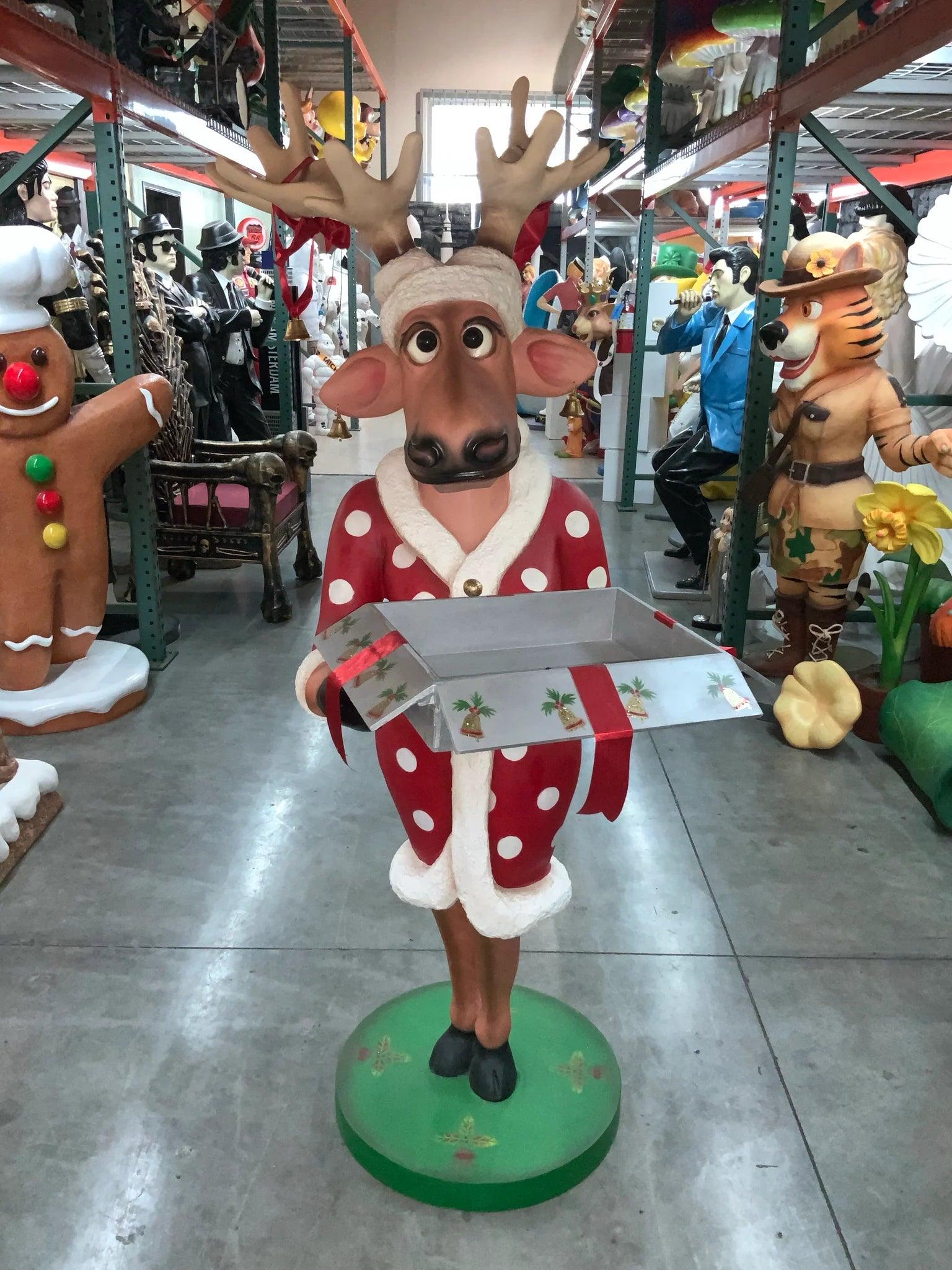 Female Funny Reindeer With Gift Life Size Statue - LM Treasures Prop Rentals 